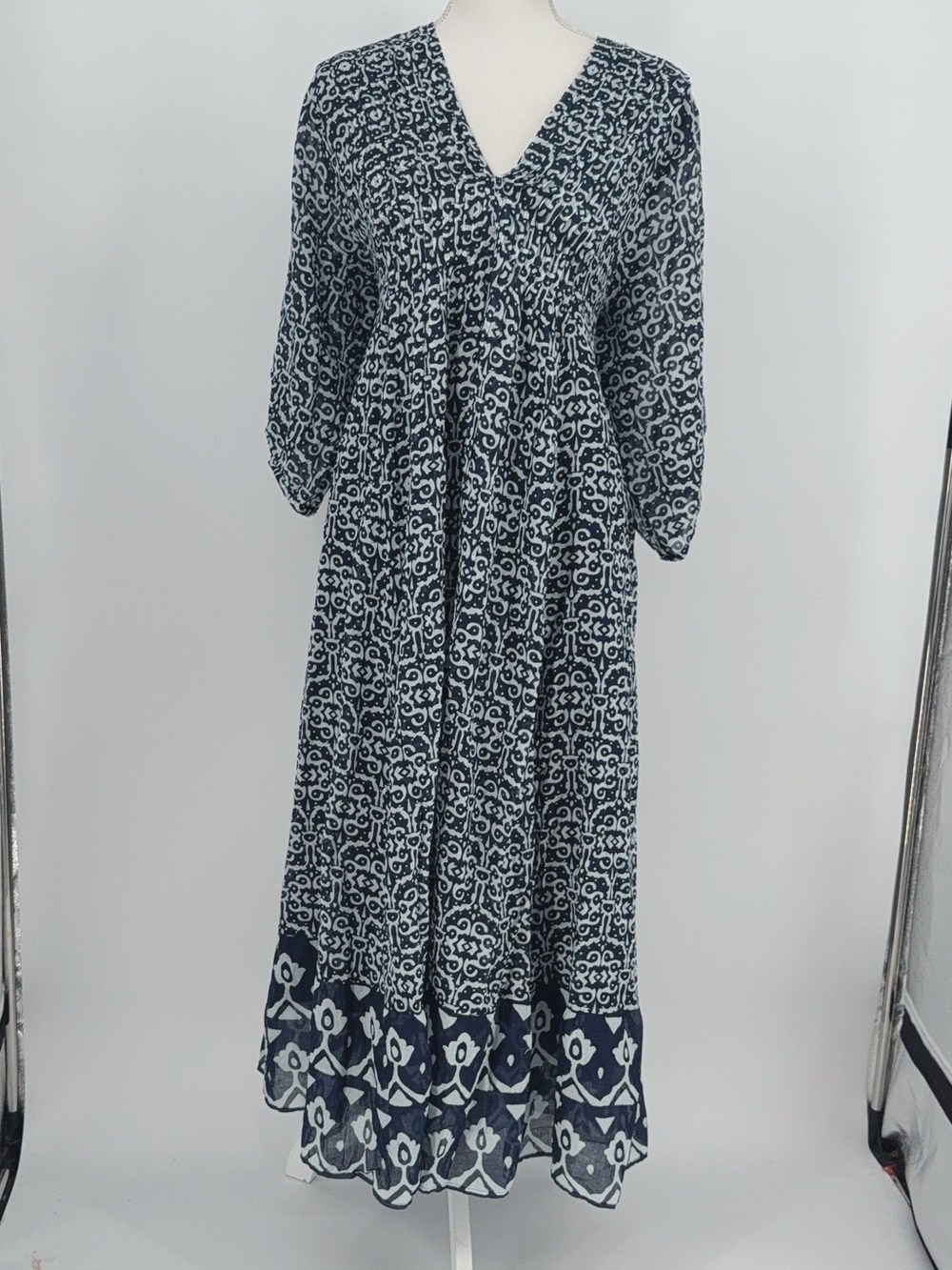 Dolma Navy Flowy Cotton Dress Long Quarter Length Sleeve Size Xl NWOT